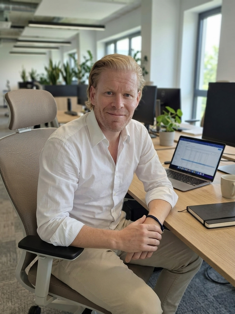 Benjamin Chavel-Schenk at his desk in a bright office