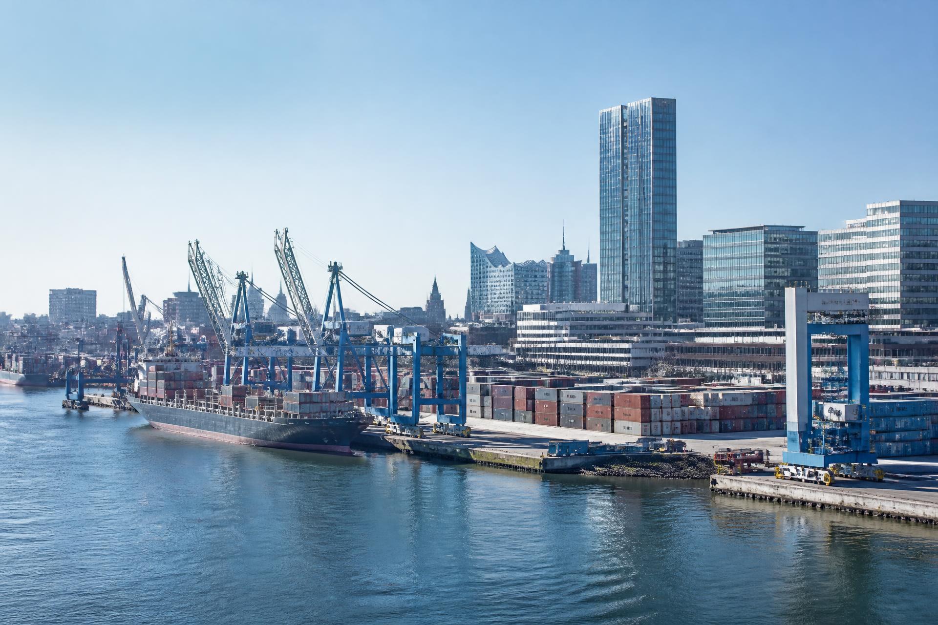 Container terminal and office towers in a European port city
